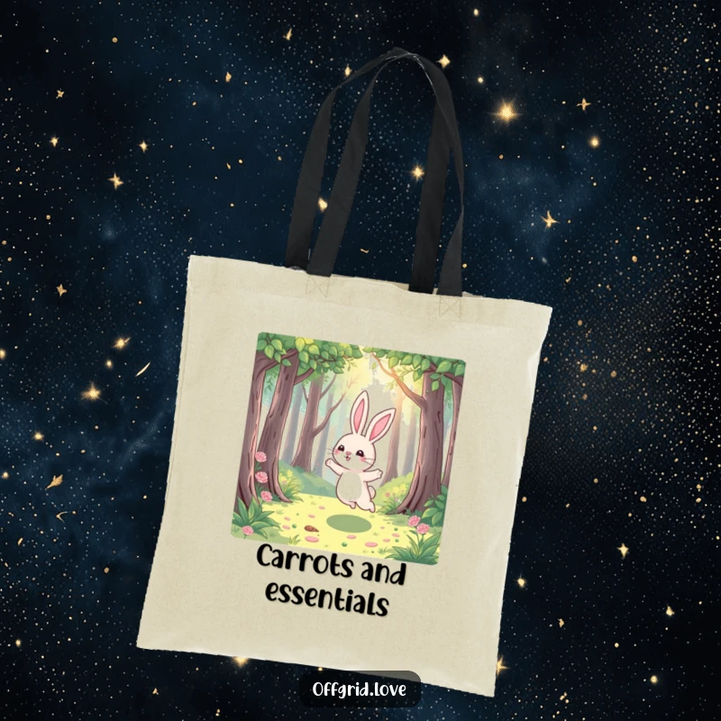 Funny Rabbit Tote Bag: A playful rabbit hops joyfully through a sun-dappled forest, making it a humorous and practical accessory for nature lovers.