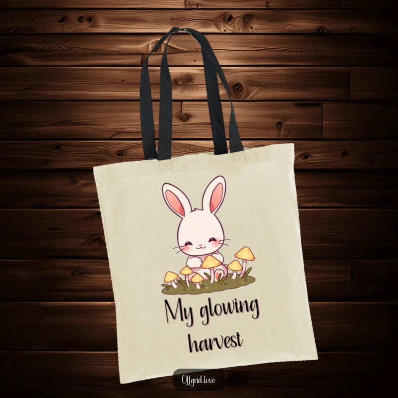 Funny Rabbit Tote Bag: Cute rabbit happily tending a garden of glowing mushrooms, a functional and funny gift.