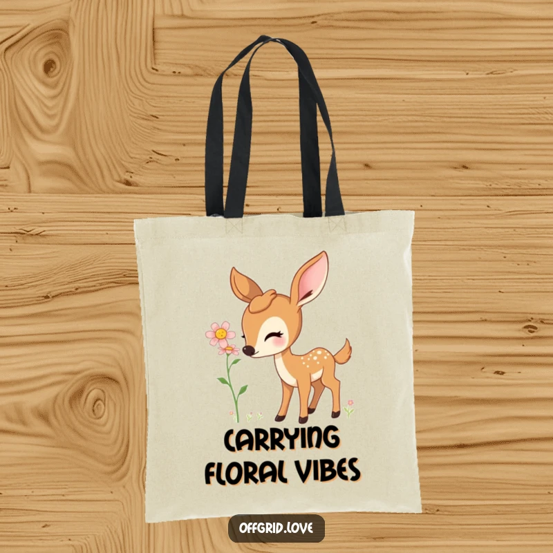 Spacious tote bag with a gentle deer curiously sniffing a blooming wildflower.